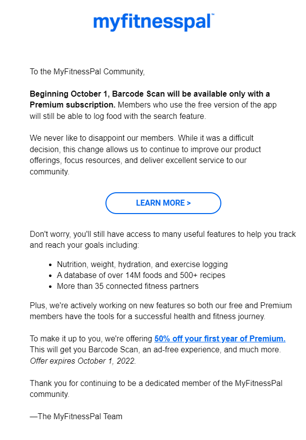 ClydeSwimmer's tweet photo. Well @MyFitnessPal I guess I'll stop using your app to track my food. The discounted premium offer is still $40/yr, just too much for me to scan barcodes. Nope. https://t.co/S0dYEE7n3E