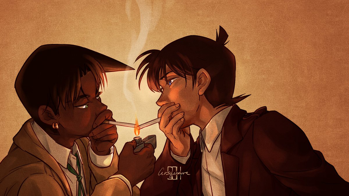 2boys multiple boys cigarette dark skin dark-skinned male male focus lighter  illustration images