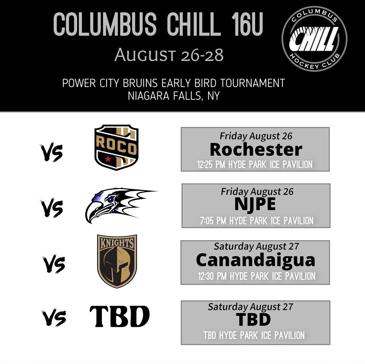 columbus_chill's tweet image. A Look at this weekends upcoming schedule as both teams travel to Niagara Falls for the Power City Bruins Early Bird Tournament

#Chill #columbuschill #prepost #hockey #columbushockey #powercitybruins #niagrafallsny