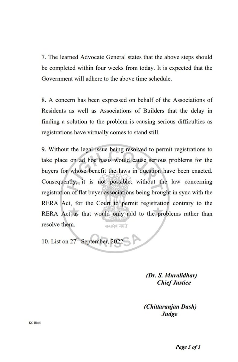 bpradhanodisha's tweet photo. Order of Odisha High Court in WP(C) 18799 of 2021 case.

1) Amended agreement for sale within 1 month,
2) No registration of deed till new apartment Act is brought by Govt.
3) Secy.  BDA to be personally present on 27th Sept.  to explain granting regd. of Association to Z1. https://t.co/SFszCqVcYS