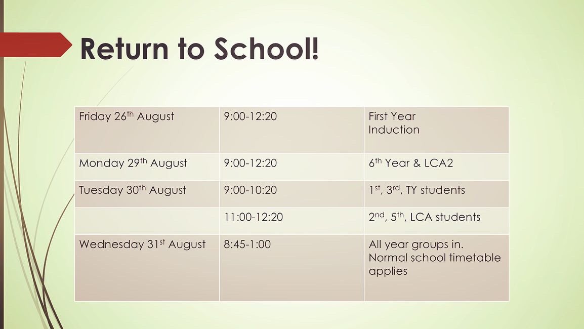 hfcsrathcoole's tweet photo. We look forward to welcoming our incoming First Year students to HFCS tomorrow, and to welcoming all other year groups back next week!🤩

Please see the second image for the return to school timetable for all year groups 😊

@SpiritanEdu #hfcsrathcoole #backtoschool https://t.co/LyvwCcj1ND
