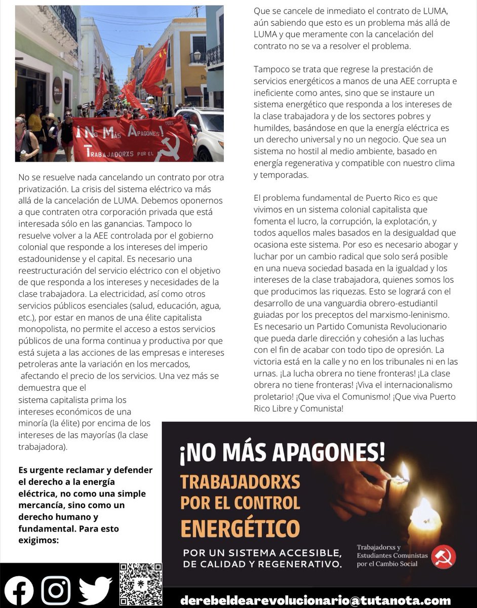 BOLETÍN DEL DÍA: Hoy 25 de agosto, la clase trabajadora tomamos la calle para exigir la cancelación del contrato con #LUMA. Han sido 7 aumentos en un año, un sinnúmero de apagones, y un servicio PÉSIMO. Basta ya.

¡ORGANICÉMONOS! ¡Todo el control para y por la clase trabajadora!