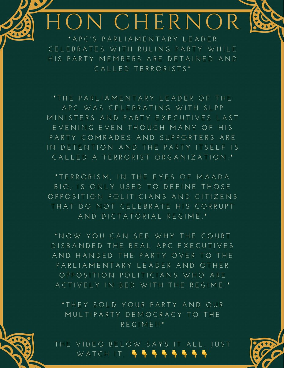 Fornahib's tweet image. Why is the Opposition silent amidst the gross violation of human rights &amp;amp; corruption that has been the Modus operandi of President Bio’s administration? We strongly believe that the opposition leaders should be invited to the I.C.C to testify. @IntlCrimCourt @EUinSierraLeone