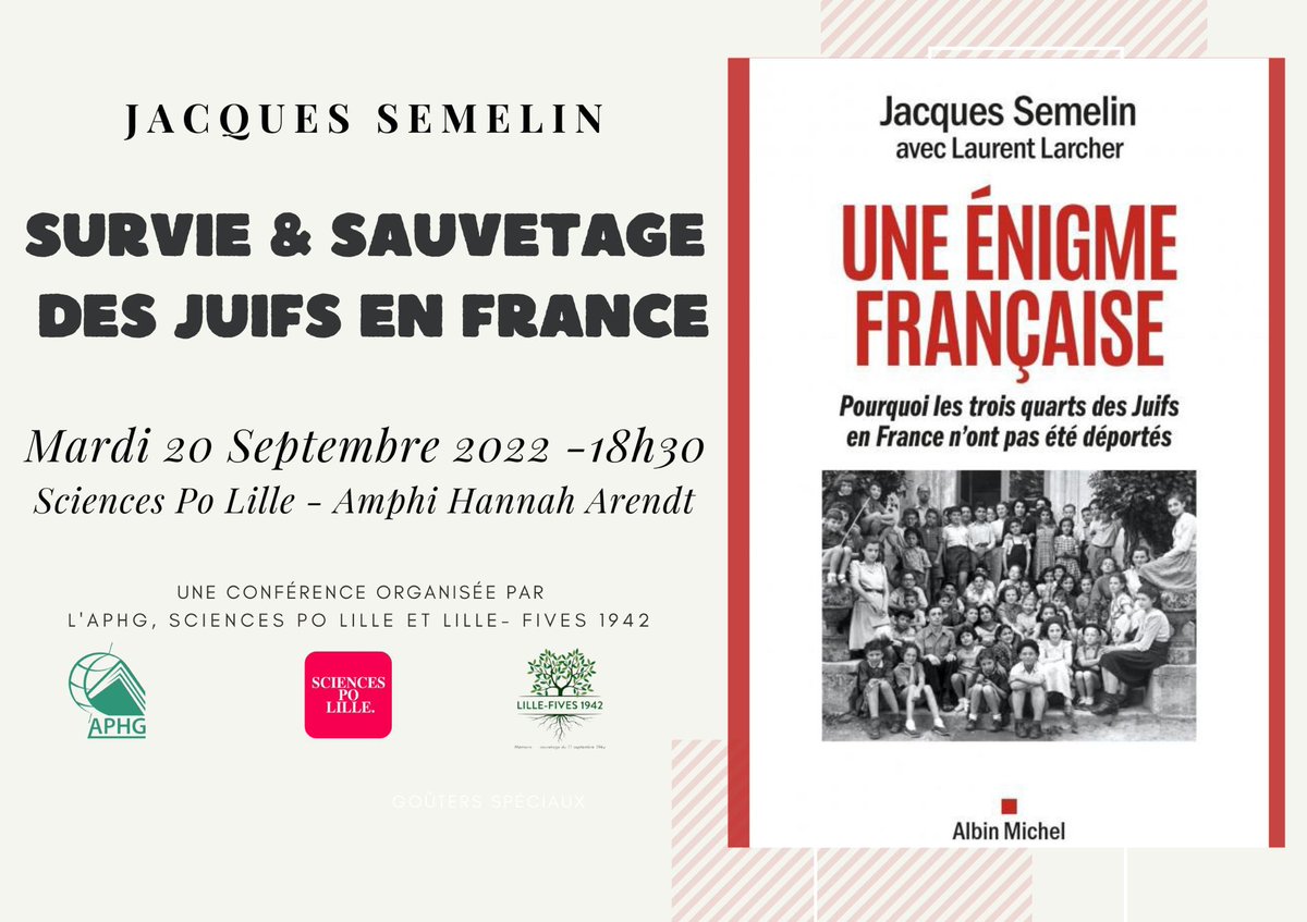 🛑 Septembre se profile… et nos activités reprennent! Pour tous les étudiants et collègues du Nord, une conférence du grand Jacques Semelin est organisée par l’<a href="/AphgNPDC/">APHG Nord-Pas-de-Calais</a>, l’association <a href="/LilleFives1942/">LilleFives1942</a>  et <a href="/ScPoLille/">Sciences Po Lille</a>, le mardi 20 septembre à 18h30 
▶️ On vous attend nombreux!