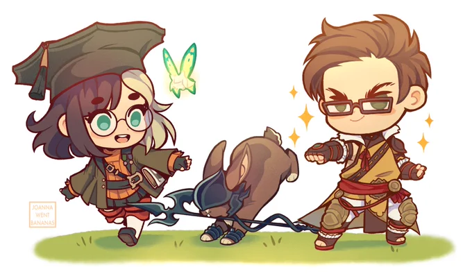 Today my fiancé and I are celebrating our 5th anniversary together!!! So I drew the two of us dressed in our favourite #FFXIV job gear I also added our bunny, Beatka aka Pissingway, dressed up as a dragoon because… well she just jumps a lot lmao 