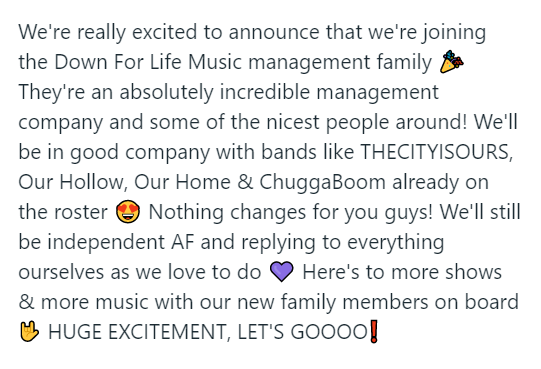 TwoYearBreak's tweet image. We're really excited to announce that we're
joining the @downforlifemusic management family 🎉

We'll be in good company with bands like
@thecityisoursuk, @ourhollowourhomeuk &amp;amp;
@chuggaboomband already on the roster 😍

HUGE EXCITEMENT, LET'S GOOOO❗