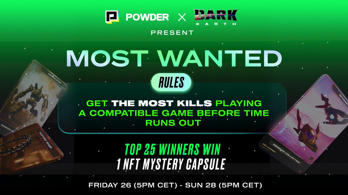 Dark Earth (@darkearthgame) on Twitter photo ๐๐ ๐ข๐ฆ๐ง ๐ช๐๐ก๐ง๐๐ ๐๐๐๐๐๐๐ก๐๐ ๐
It's all about getting the most kills in compatible games like Fortnite, Valorant, Call Of Duty, Apex Legends, CS:GO within 48 hours.๐ฅณ
Top 25 winners win 1 Mystery Capsule each ๐คฏ
See you at @Powder_gg ๐ค
powder.gg ๐๐ ๐ข๐ฆ๐ง ๐ช๐๐ก๐ง๐๐ ๐๐๐๐๐๐๐ก๐๐ ๐
It's all about getting the most kills in compatible games like Fortnite, Valorant, Call Of Duty, Apex Legends, CS:GO within 48 hours.๐ฅณ
Top 25 winners win 1 Mystery Capsule each ๐คฏ
See you at @Powder_gg ๐ค
powder.gg