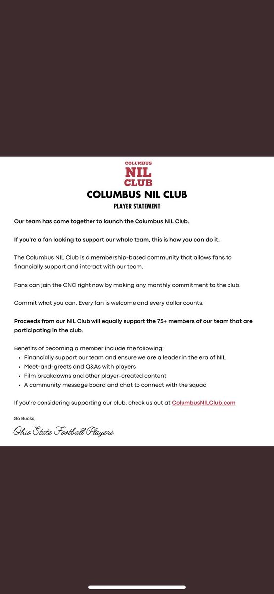 BREAKING: Our team-wide NIL initiative is live now 
<a href="/ColumbusNIL/">Columbus NIL Club</a> #GoBucks