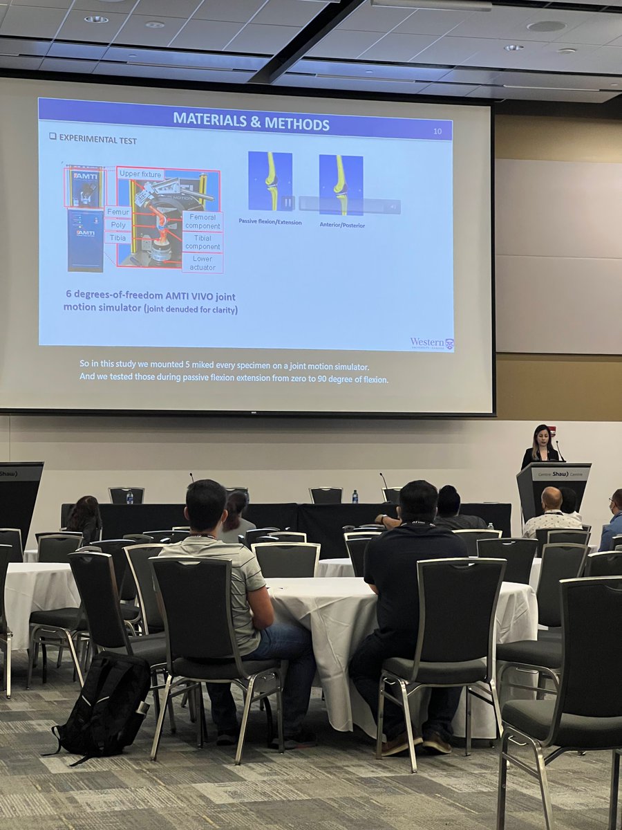 This morning Samira Vakili presented her talk titled "Development of Multi-Bundle Virtual Ligaments to Simulate Knee Mechanics after TKA". First time at the podium for Sami and she expertly fielded 3 questions #NACOB2022