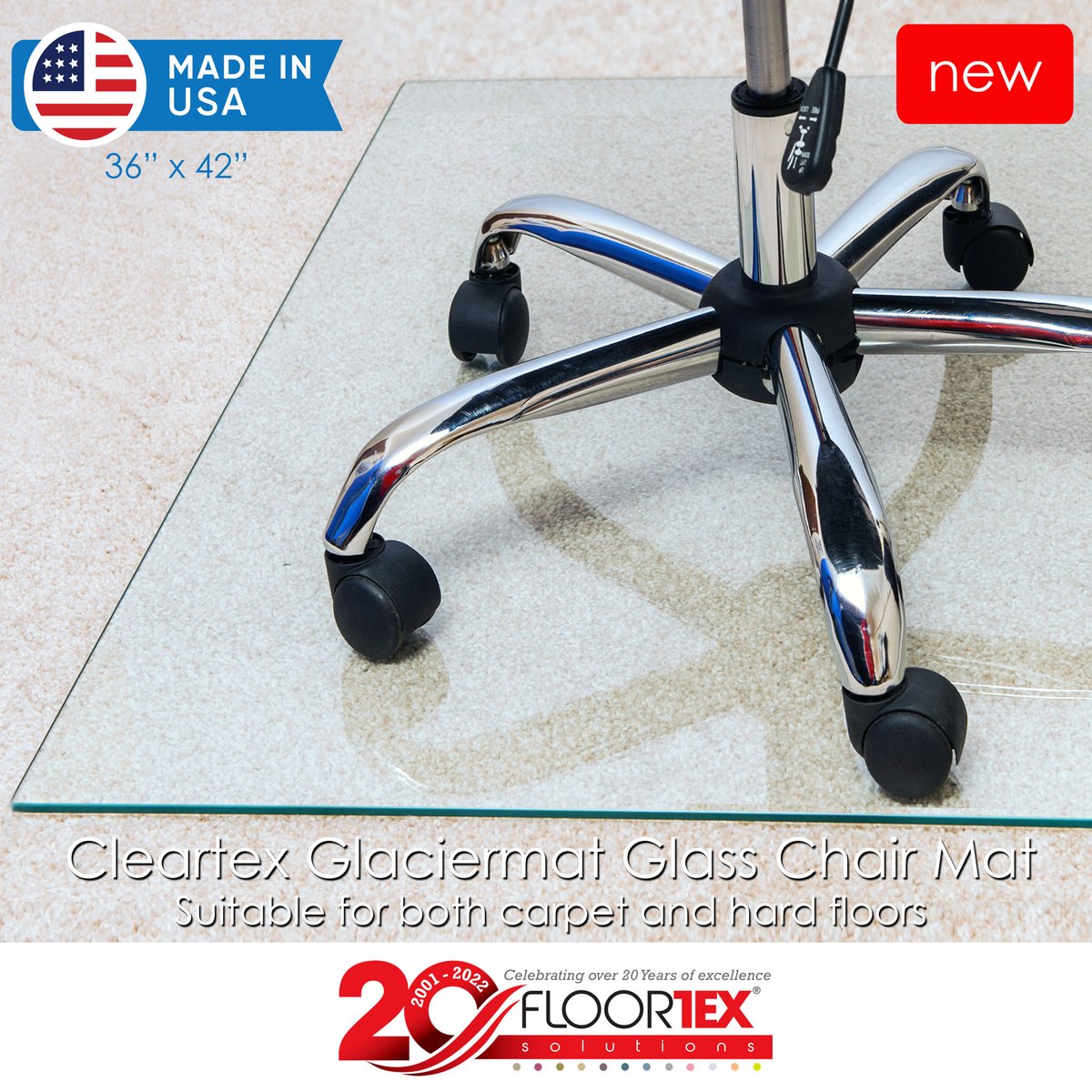 FloortexGlobal's tweet image. NEW Cleartex Glaciermat Glass Chair Mat. Made exclusively in the USA in a new 36" x 42" freight saving size!
Find out more at floortex.com/made-in-usa-gl… or drop us an email: salessupport@floortexllc.com 
#Floortex #CleartexGlaciermat #glasschairmat #floorprotection #madeintheusa
