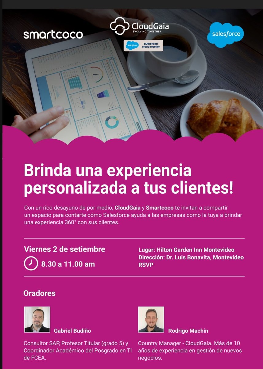 gbudino's tweet photo. No será un tradicional desayuno con expositores. Esperamos ofrecer una experiencia única que ayude a las empresas a centrarse en la generación de valor a sus clientes. Valdrá la pena encontrarnos. #CRM #Salesforce #Smartcoco https://t.co/MBTbPQru3T