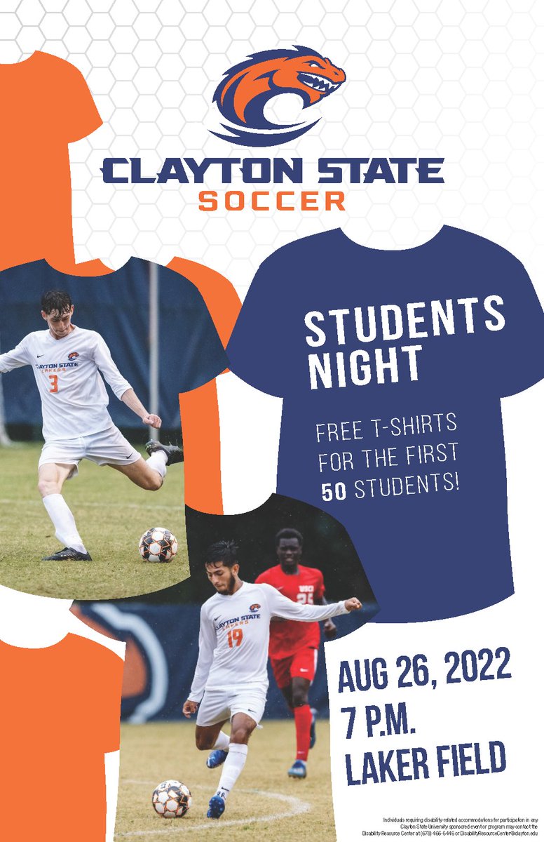🚨Attention Students🚨 Friday's match is Students' Night! The first 50 Clayton State students in attendance receive a free t-shirt! The match starts at 7 p.m. on Laker Field!