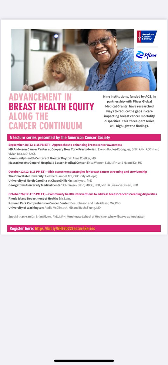 Join us for our upcoming Breast Health Equity lecture series presented by the American Cancer Society and Pfizer. Various medical providers will highlight findings impacting breast cancer mortality disparities. Click the link below to register! us02web.zoom.us/webinar/regist…