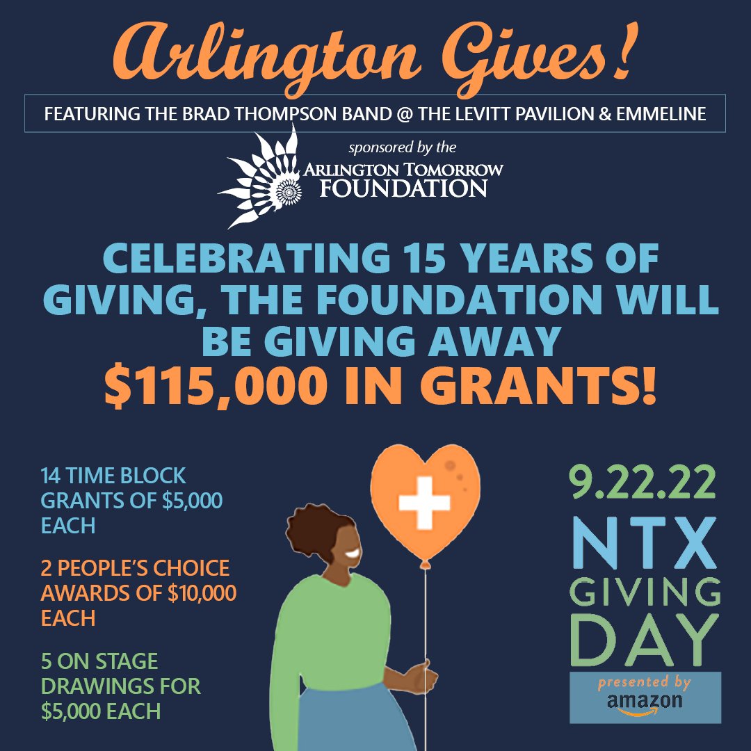 Arl_Foundation's tweet photo. The Arlington Tomorrow Foundation is excited about awarding $115,000 in grants at the upcoming #ArlingtonGives #NTXGivingDay2022! We are celebrating 15 years of giving to Arlington charities and education establishments. Find out more here: https://t.co/Gn2gBnjCqa. 🧡💙💚 https://t.co/bDhWFT8rNQ