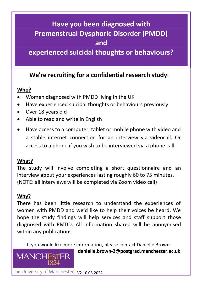 PMMD_Research's tweet photo. We have just one week left 🤯 if you don’t want to miss out drop us an email Danielle.brown-2@postgrad.Manchester.ac.uk    #PMDD #PMDDAwareness https://t.co/wZIv7N3gcp