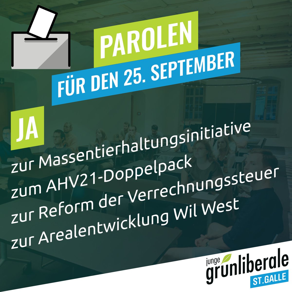 jglp_sg's tweet photo. Wir sagen:
✅ JA zur Massentierhaltungsinitiative
✅ JA zum AHV21-Doppelpack
✅ JA zur Reform der Verrechnungssteuer
✅ JA zur Arealentwicklung Wil West
#schweiz #hellofuture #parole #abstimmungen #MTI #MTIJA #Massentierhaltung #AHV #AHV21 #verrechnungssteuer #wilwest https://t.co/St5gUQrtAZ