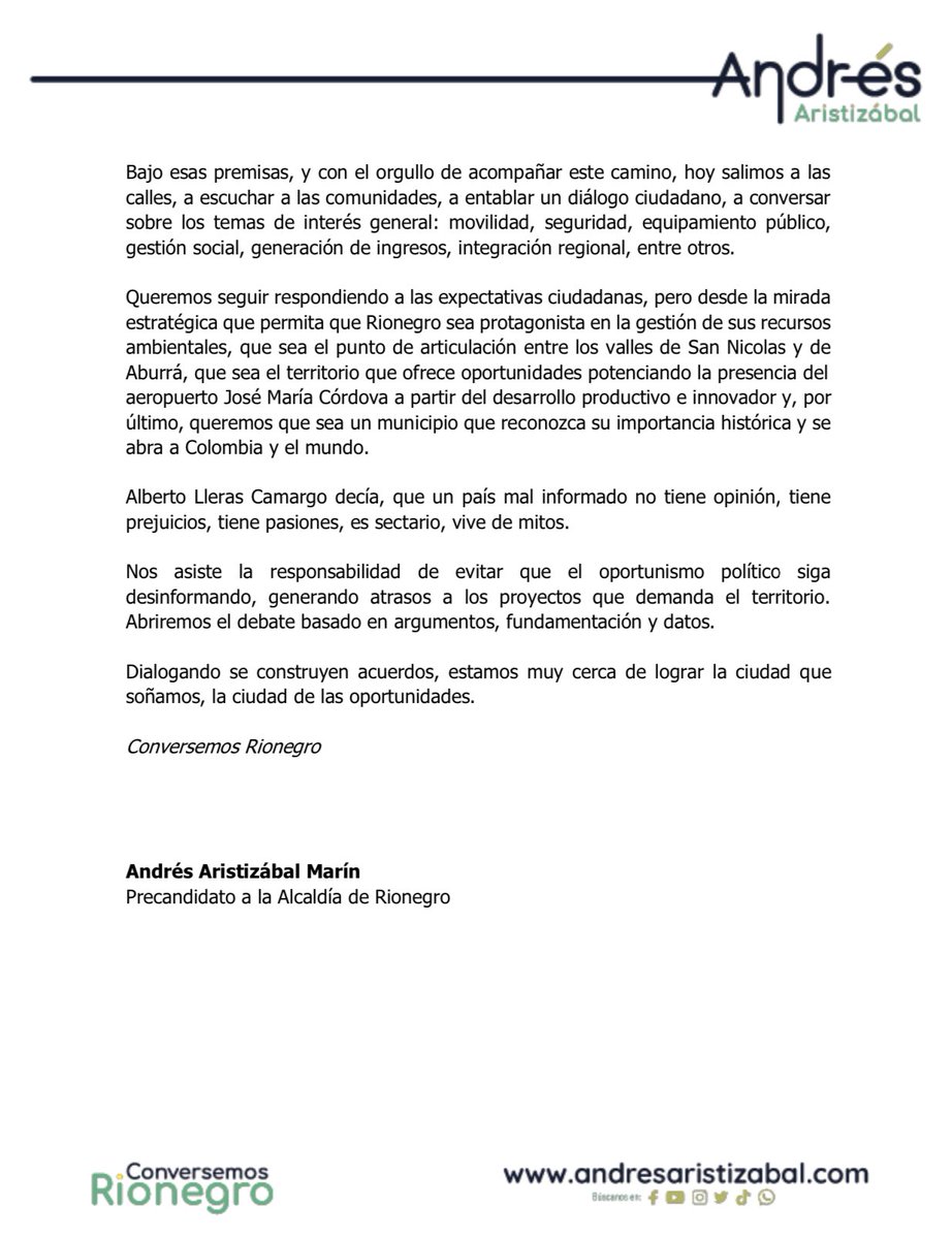 Comparto con ustedes un espacio de opinión que abriremos en algunos medios. A través de este espacio, recordaremos lo que se ha hecho (2016-2019), lo que se está haciendo (2020-2023) y lo que queremos, y en nuestra opinión se debe hacer por Rionegro en los próximos años.