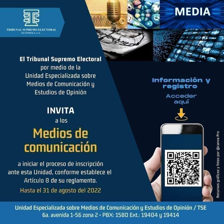 TSEGuatemala's tweet photo. Procedimiento para registro de empresas de medios de comunicación.

La Unidad Especializada sobre Medios de Comunicación y Estudios de Opinión, invita a los medios de comunicación a iniciar el proceso de inscripción.

Pueden ingresar en el link: https://t.co/OfZj7UpCw3 https://t.co/8SfvTUSceZ