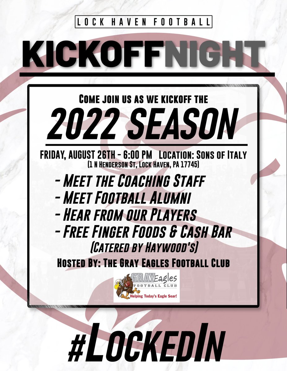 Haven Nation, come to town tomorrow night at 6pm and stop by the Sons of Italy to meet the staff and players as we celebrate the start of a new season! A big thank you for the Gray Eagles Football Club for hosting this event and we look forward to meeting you all! #LockedIn🔒🦅