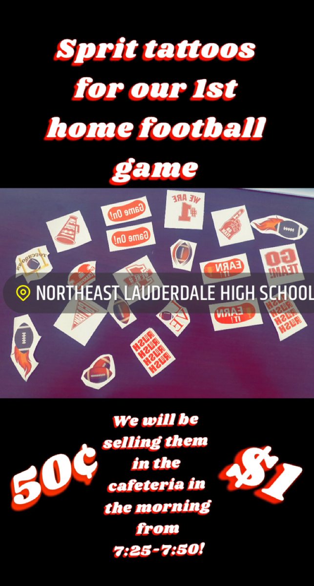 NEHS_Softball1's tweet photo. Come by the cafeteria in the morning to get your temporary spirit tattoo to support @NEL_TrojansFB in their home opener vs NE Jones! Let’s go boys! #NEvE #trojanpride https://t.co/QlMD1POzaX