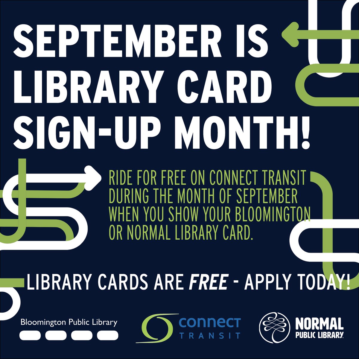 Connect Transit is proud to be partnering with the Bloomington and Normal Public Libraries to offer FARE FREE rides for the month of September for those that show their library card!

This promotion will start on September 1 and run through September 30.