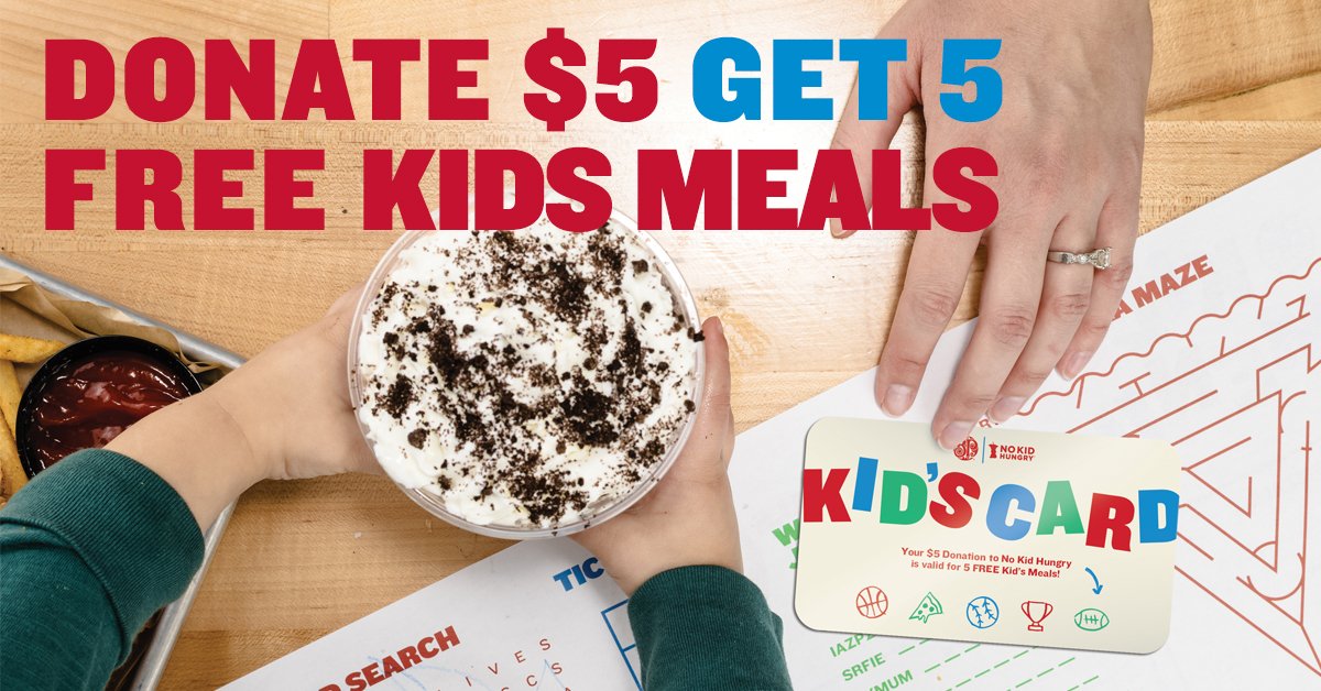 Kid's Cards Ends Soon! Donate $5 and get 5 FREE Kid's Meals! #Donate online at order.bostons.com or in-restaurant, bostons.com/locations. Donations support #NoKidHungry's efforts to end childhood hunger in America <a href="/nokidhungry/">No Kid Hungry</a> #bostonspizza #charity #kidsmeals