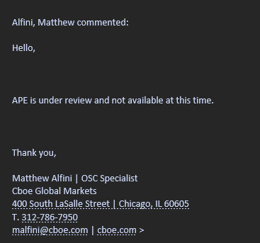 PeteG_5's tweet photo. Regarding #APE options... Just received this back from CBOE #AMC https://t.co/5QLUKmqdjf