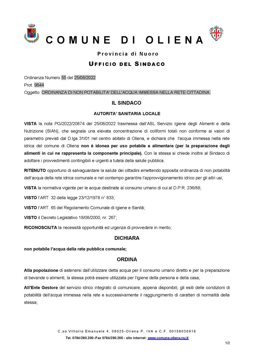 ComuneOliena's tweet photo. ORDINANZA: ACQUA NON POTABILE #Oliena
https://t.co/4Z81EacAlG https://t.co/aQKgu3g0b0