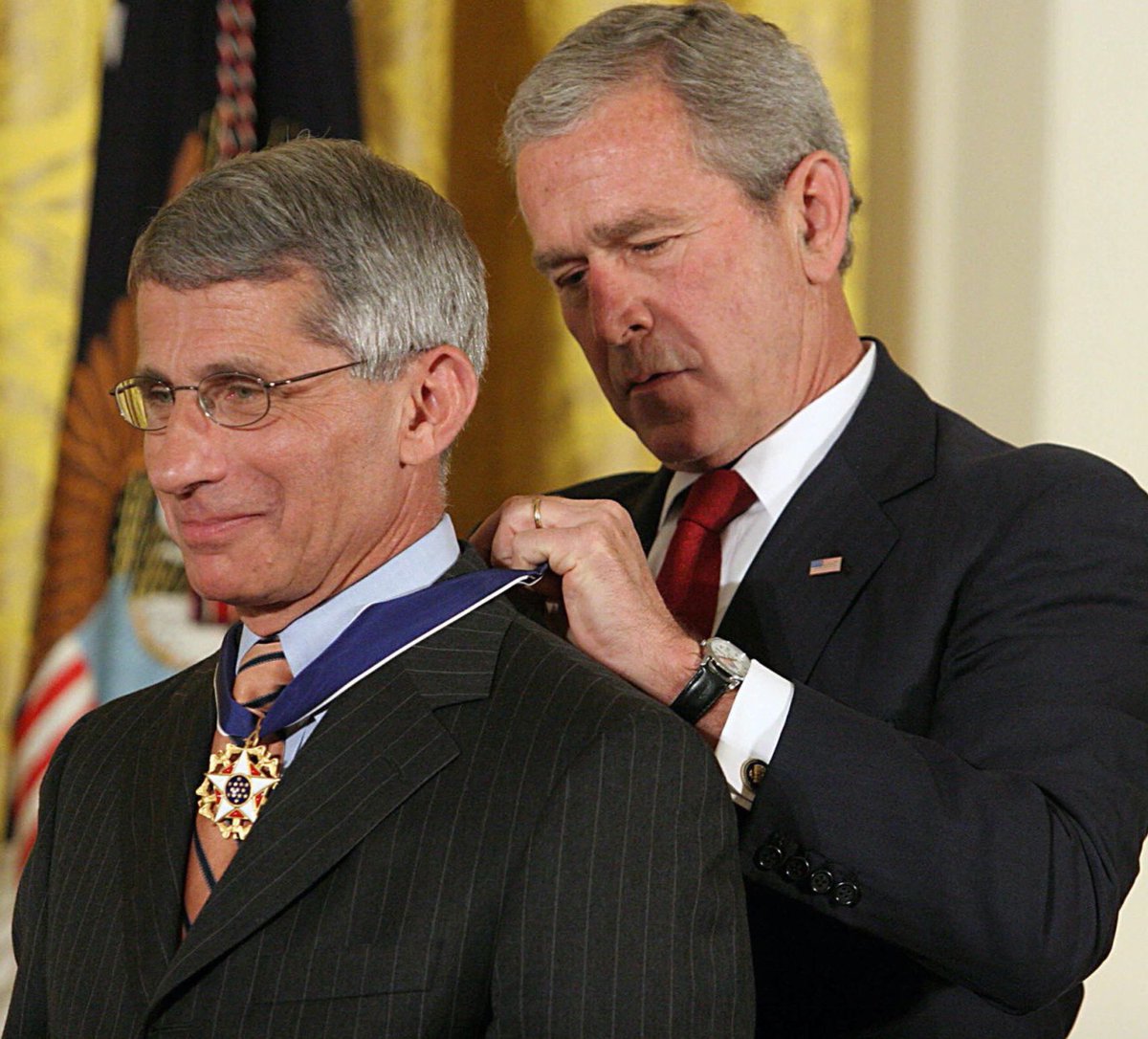 President George W. Bush awarded Dr. Tony Fauci our highest civilian honor, the Presidential Medal of Freedom, in 2008, "…for his determined and aggressive efforts to help others live longer and healthier lives." Why doesn’t Bush tell his fellow Republicans to backoff Fauci?!