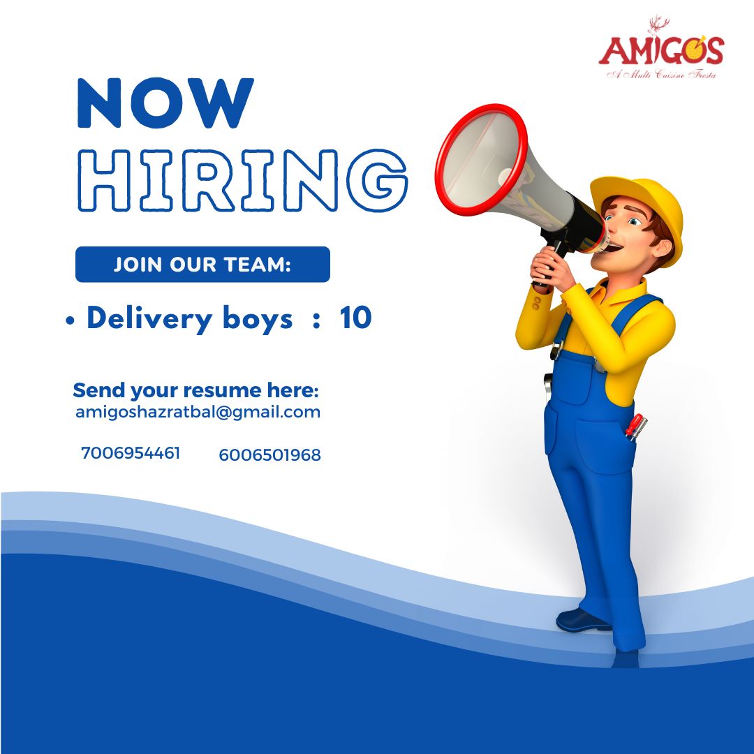 Amigos Hazratbal is hiring, drop your resume on mentioned email or call on any mentioned number. 

#nowhiring #jobs #jobsrinagar #jobsearch #kashmirjobs #hiring #hiringnow #bestrestaurants #amigoshazratbal