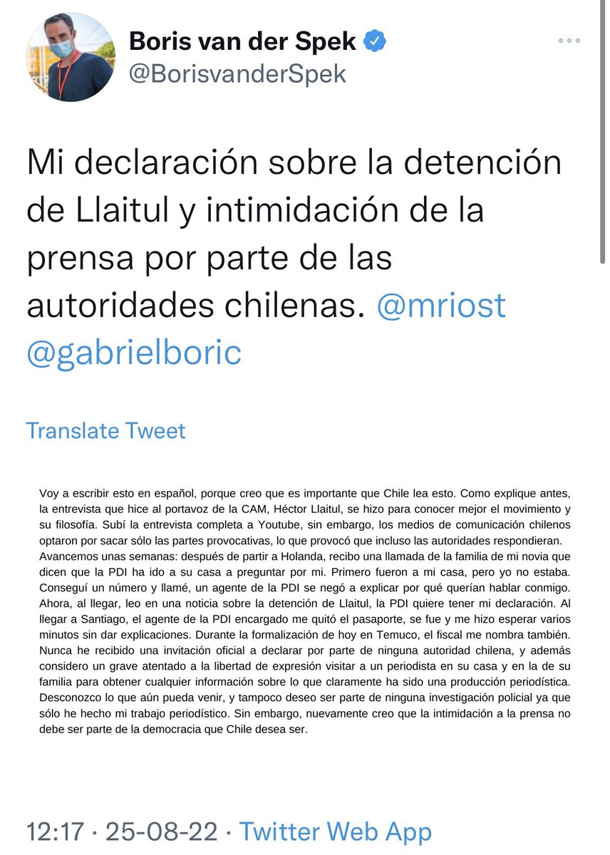 N_PrensaCL's tweet photo. 🔴 Corresponsal holandés en Chile, @BorisvanderSpek, denuncia acciones intimidatorias por parte de la @PDI_CHILE en el marco de una entrevista realizada recientemente al líder de la CAM, Héctor Llaitul. https://t.co/jYNBtM446b