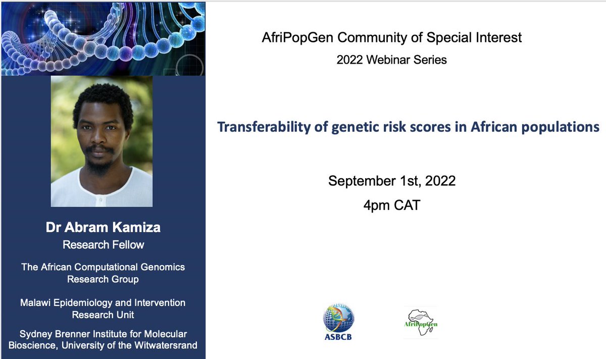AfriPopGen (@afripopgen) on Twitter photo Very excited to host <a href="/ab_kamiza/">Abram Kamiza</a> from <a href="/SBIMB1/">SBIMB</a> and <a href="/TACG_Group/">The African Computational Genomics Research Group</a> for our next <a href="/asbcb1/">asbcb</a> <a href="/AfriPopGen/">AfriPopGen</a> #webinar on Sept 1st, 2022 at 4pm CAT.
Registration link—for first-time AfriPopGen webinar attendees: bit.ly/3P0XuaB
<a href="/H3Africa/">Human Heredity and Health in Africa</a> <a href="/AfSHGenetics/">AfricanSocHumGenet</a> <a href="/SAHumanGenetics/">Southern African society for Human Genetics—SASHG</a> <a href="/H3ABioNet/">H3ABioNet</a> Very excited to host <a href="/ab_kamiza/">Abram Kamiza</a> from <a href="/SBIMB1/">SBIMB</a> and <a href="/TACG_Group/">The African Computational Genomics Research Group</a> for our next <a href="/asbcb1/">asbcb</a> <a href="/AfriPopGen/">AfriPopGen</a> #webinar on Sept 1st, 2022 at 4pm CAT.
Registration link—for first-time AfriPopGen webinar attendees: bit.ly/3P0XuaB
<a href="/H3Africa/">Human Heredity and Health in Africa</a> <a href="/AfSHGenetics/">AfricanSocHumGenet</a> <a href="/SAHumanGenetics/">Southern African society for Human Genetics—SASHG</a> <a href="/H3ABioNet/">H3ABioNet</a>