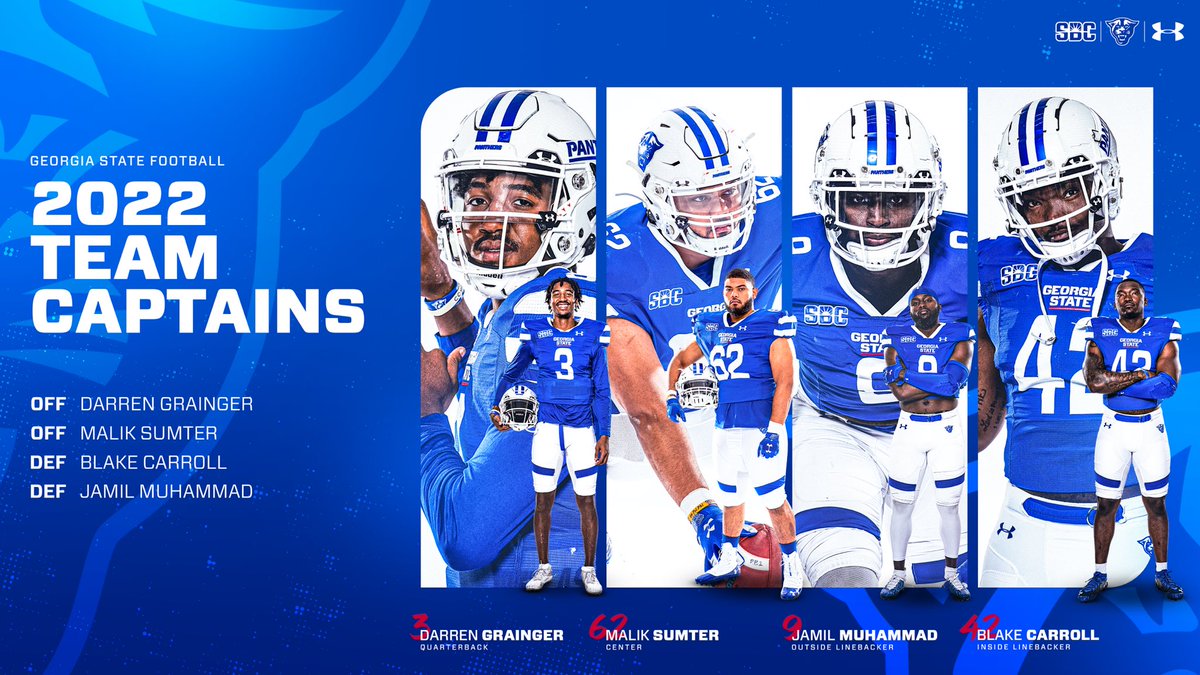 GeorgiaStateFB's tweet photo. 𝐈𝐧𝐭𝐫𝐨𝐝𝐮𝐜𝐢𝐧𝐠 𝐭𝐡𝐞 𝟐𝟎𝟐𝟐 𝐓𝐞𝐚𝐦 𝐂𝐚𝐩𝐭𝐚𝐢𝐧𝐬

🔹 @_DarrenGrainger
🔹 @MalikSumter
🔹 @j9mil___ 
🔹 @BlakegkCarroll6 

#OurCity | #SoundTheHorn https://t.co/EkIcX4lBfD