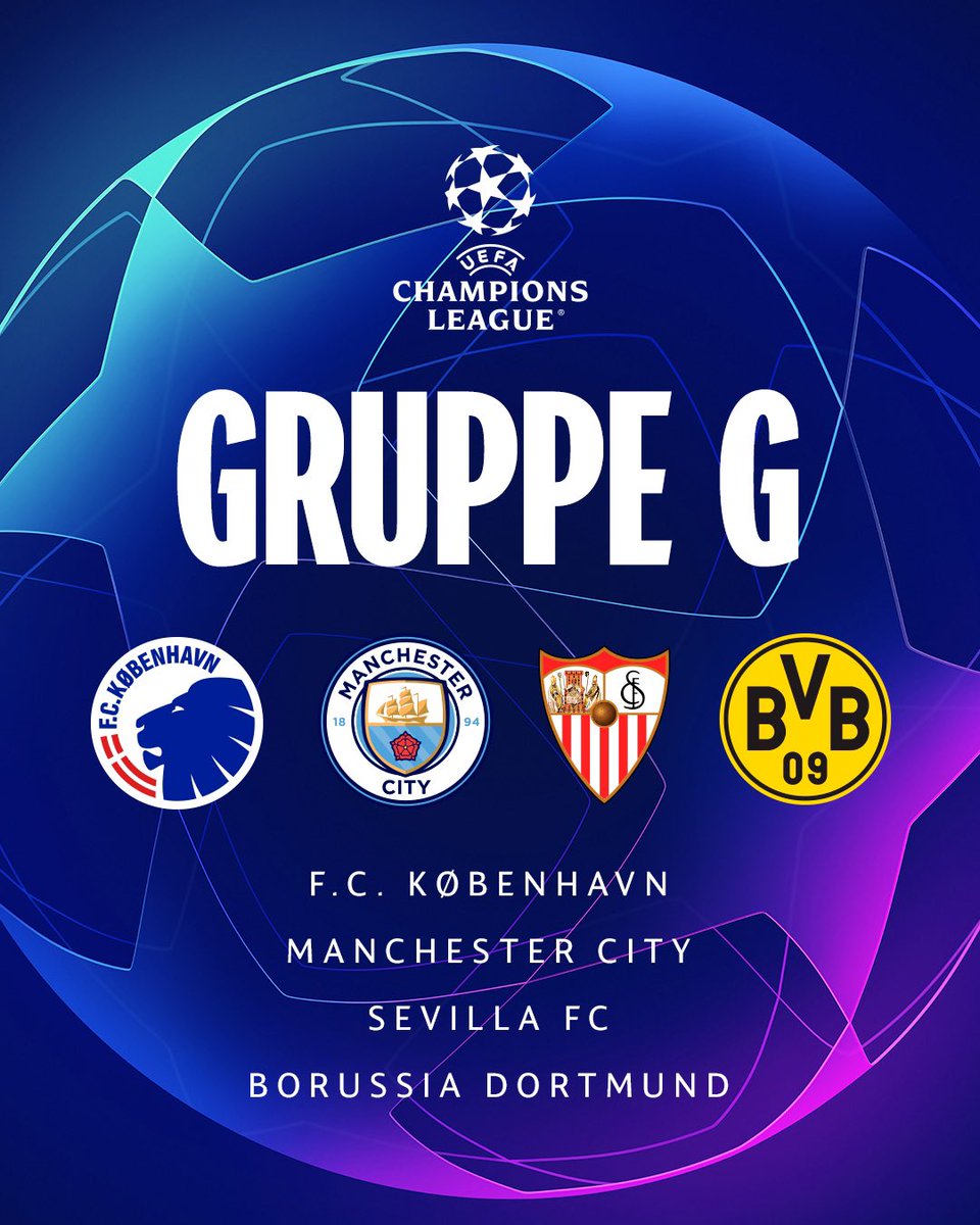 Vores gruppe er klar! 

🆑 gruppe 𝐆

🏴󠁧󠁢󠁥󠁮󠁧󠁿 Manchester City
🇪🇸 Sevilla FC
🇩🇪 Borrusia Dortmund 
🇩🇰 F.C. København

#UCLdraw #fcklive