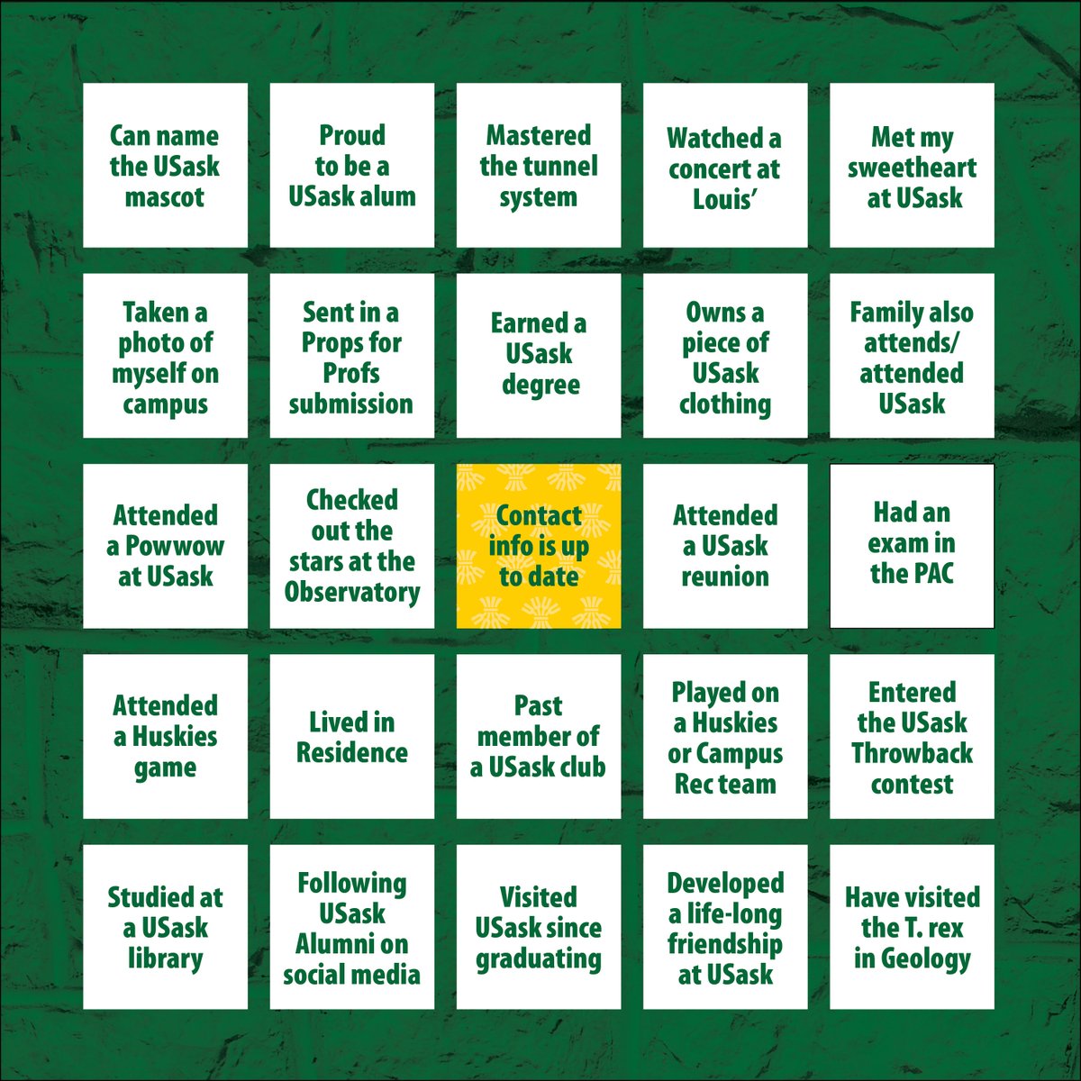 UsaskAlumni's tweet photo. ๐ Join us in celebrating #USask Homecoming!
Celebrate with us no matter where you are on our Instagram and Facebook pages. Weโll be playing Alumni Bingo and reminiscing through #USaskThrowback up to the Homecoming Huskies football game on September 9.
#USaskAlumni https://t.co/9K2QTkicL8