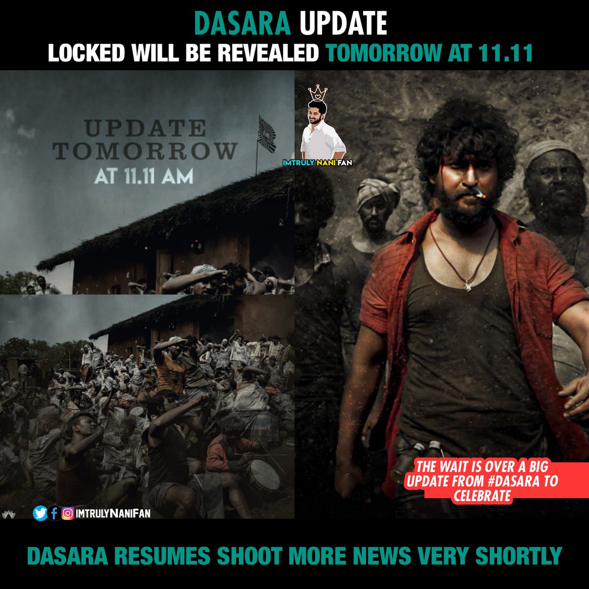 ImtrulyNaniFan's tweet photo. #Dasara Update Tmrw @ 11.11am . 
*(Expect mass song🔥)
@NameisNani
A @odela_srikanth Film 🎬
A @Music_Santhosh Musical 🥁

Tel - Tam - Mal - Kan - Hin 

@NameisNani @KeerthyOfficial 
#DasaraUpdate #Dasara https://t.co/3wgBhYlnFv
