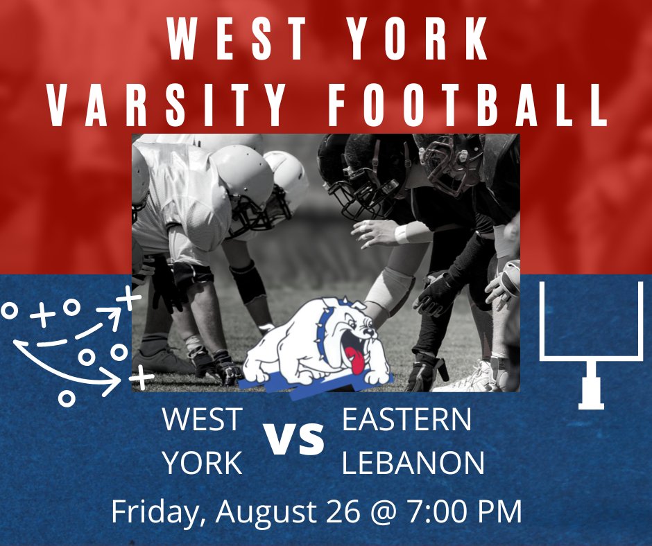 This Friday, August 26th, our West York Varsity Football Team takes on Eastern Lebanon County at Eastern Lebanon Co. Sr. High School.

You can watch the livestream at youtube.com/channel/UC2OoT…

GO BULLDOGS!!
#wyproud