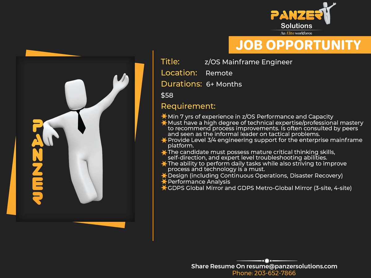 panzersolution's tweet photo. Job Title: z/OS Mainframe Engineer
Location: Remote
Duration: 6+ Months
$58
Share resumes on resume@panzersolutions.com
Or for more job requirements click on the below link:
Click Here: https://t.co/BNslegB3Lc
#PanzerSolutions #zos #mainframeengineer #mainframe #engineers #job https://t.co/9bl70XiwtV