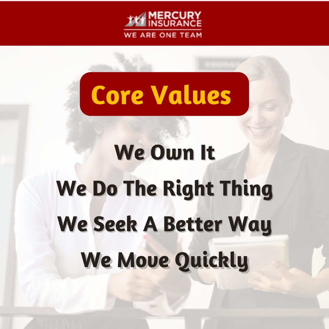mercurycareers's tweet photo. At Mercury, we are guided by our Core Values to help our customers overcome challenges, adapt to an everchanging world, and receive the respect they deserve. We follow these values to ensure every customer receives the best experience. #peoplefirst #mercurycares #mercuryinsurance https://t.co/Oxuoidxb1x