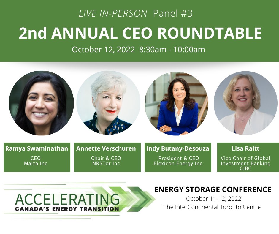 EnrgyStorageCAN's tweet photo. Announcing our CEO lineup for #ESCCon22 We're thrilled to have Moderator @lraitt and panelist Indrani (Indy) J. Butany-DeSouza, Ramya Swaminathan and Annette Verschuren. 
 REGISTER TODAY: https://t.co/ZhaaMWgMx7 
@maltaenergysto1 @NRStorTweets @ElexiconEnergy @cibc https://t.co/LJXboq6kG0