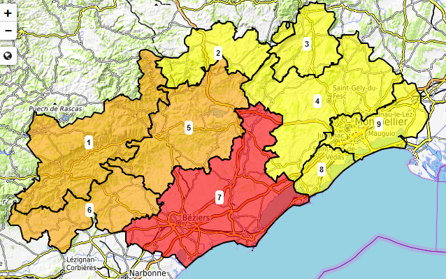 Prefet34's tweet photo. 🗺🔥 Carte du risque #FeuxDeForêt #Hérault Vendredi 2⃣6⃣ août ⤵️
🔴Risque très élevé: Plaine viticole Cœur Hérault &plaines littorales
🟠Risque élevé : Minervois/St Chinianais, collines du Centre Hérault & Somail, Espinouse et Monts d'Orb
🚭ne jetez pas vos 🚬 🔥 📞18 ou 112 https://t.co/4m9og8AFC4