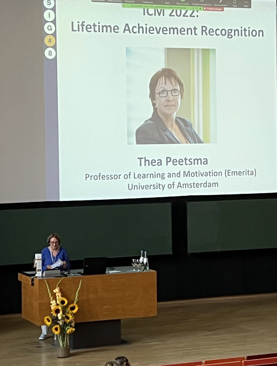 KirstiLonka's tweet photo. Congratulations Thea Peetsma ❤️ Lifetime Achievement Award in research on emotion and motivation #SIG8 @earli_office #ICM2022 #Dresden #Germany https://t.co/0zclcN5E0m
