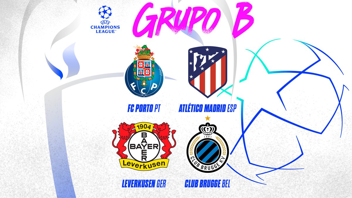 FCPorto's tweet photo. ⚽ Estamos no Grupo B da Champions League
🤩 O que achas do nosso grupo? 💪
🔵 FC Porto, Atlético de Madrid, Bayer 04 Leverkusen e Club Brugge ⚪

#FCPorto #UCLDraw #UCL https://t.co/9X1MiHOln5
