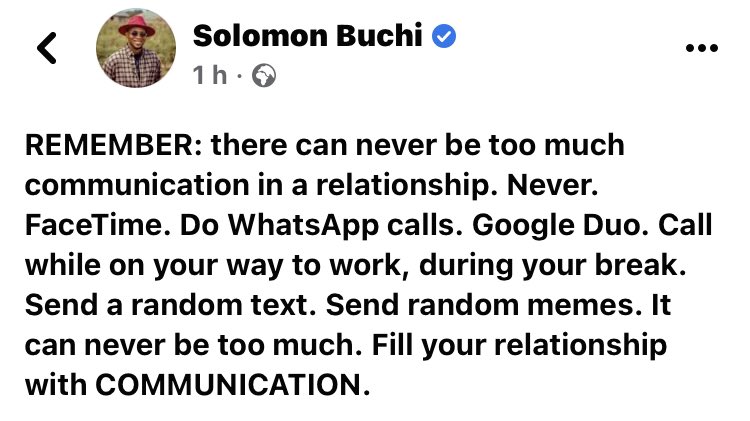 obarochoice1's tweet photo. I'm not a relationship coach or mentor, but to me, it will be nice if you let your partner miss you, to me it will introduce more spice to the relationship.

I'm only reacting to Solomon Buchi post.

#relationship #RelationshipAdvice https://t.co/mHEpYF1ncE