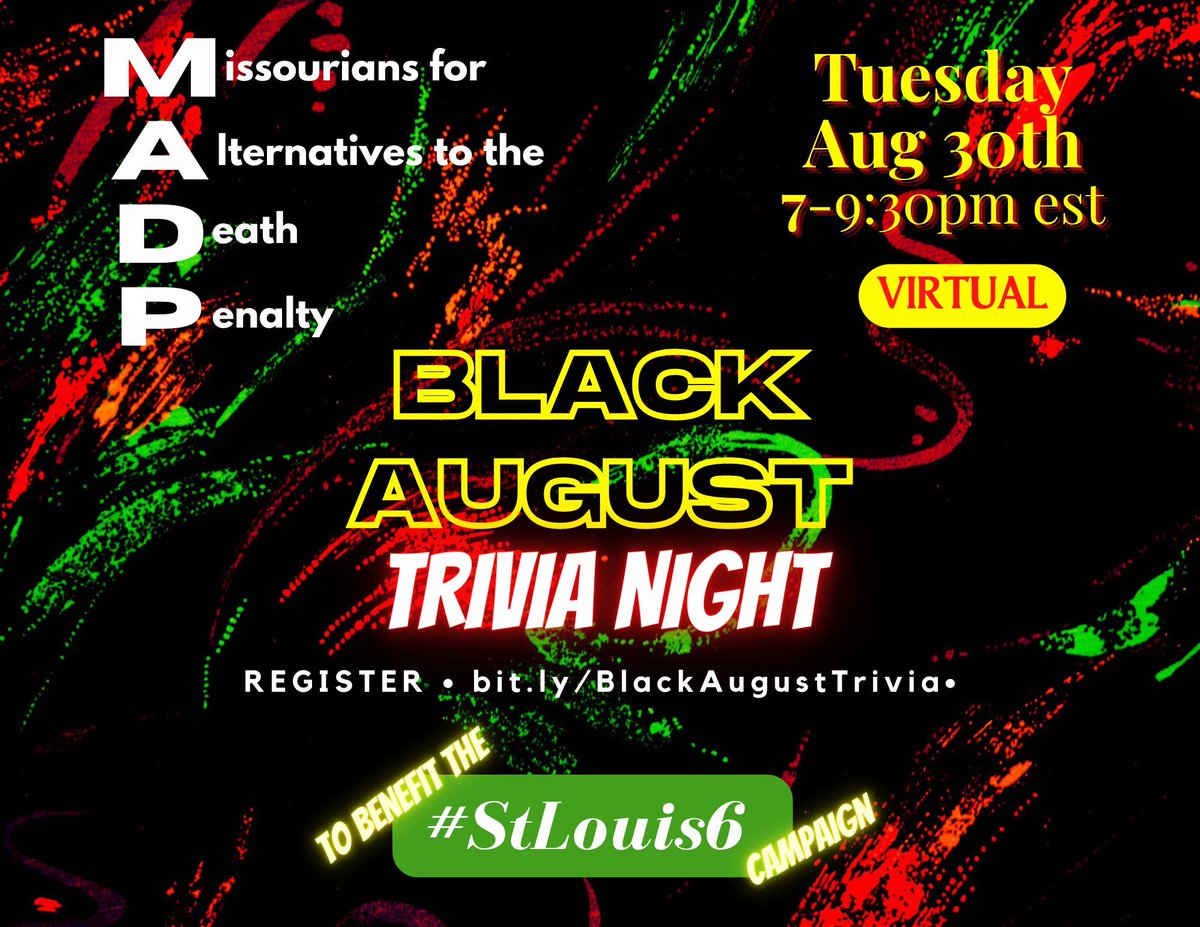 KaranjaKeita's tweet photo. 5 days to #BlackAugust Trivia! https://t.co/iz8HfsxTM7
Use code 5OFF to get $5 off! Questions will focus on Black Resistance & Liberation history. Proceeds to benefit the #StLouis6 campaign to uplift those on death row. Support the work of @madpmo to abolish the #DeathPenalty https://t.co/e97V3QjxfY