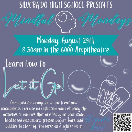Silverado_HS's tweet photo. Join us for our first MINDFUL 💙 MONDAY of this school year 🫧 
Link to pre-register in our story and posted to Google classroom! 
#mentalhealthmatters #mindfulmondays #letitgo #bubbletherapy https://t.co/lXoCQisBeF