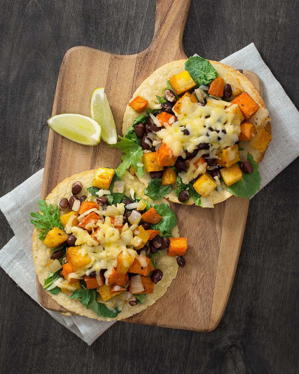 #Entree? #Sidedish? #Snack? These #Sweetpotato, #Kale, &amp; #BlackBean #Tostadaswith crisp-chewy #tortillas, #cheese, #cilantro, and #lime are perfect for anytime &amp; any menu. Give ‘em a try! #Recipe: casweetpotatoes.com/recipe/2013/12…. #sweetpotatoes #yams #mexicanfood #tacos #healthysnack