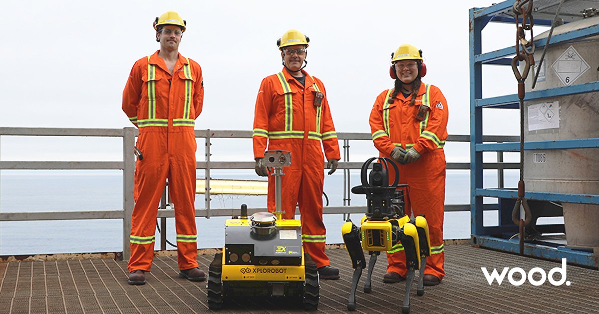 Woodplc's tweet photo. On the #Hibernia #offshore platform, Wood and @XplorobotHQ deployed two fully autonomous robots to collect data and build out digital twin models of the platform. This pilot, conducted with @hiberniaproject, demonstrated the value and potential of this technology. #HMDC #Robotics https://t.co/NA1sbVixUn