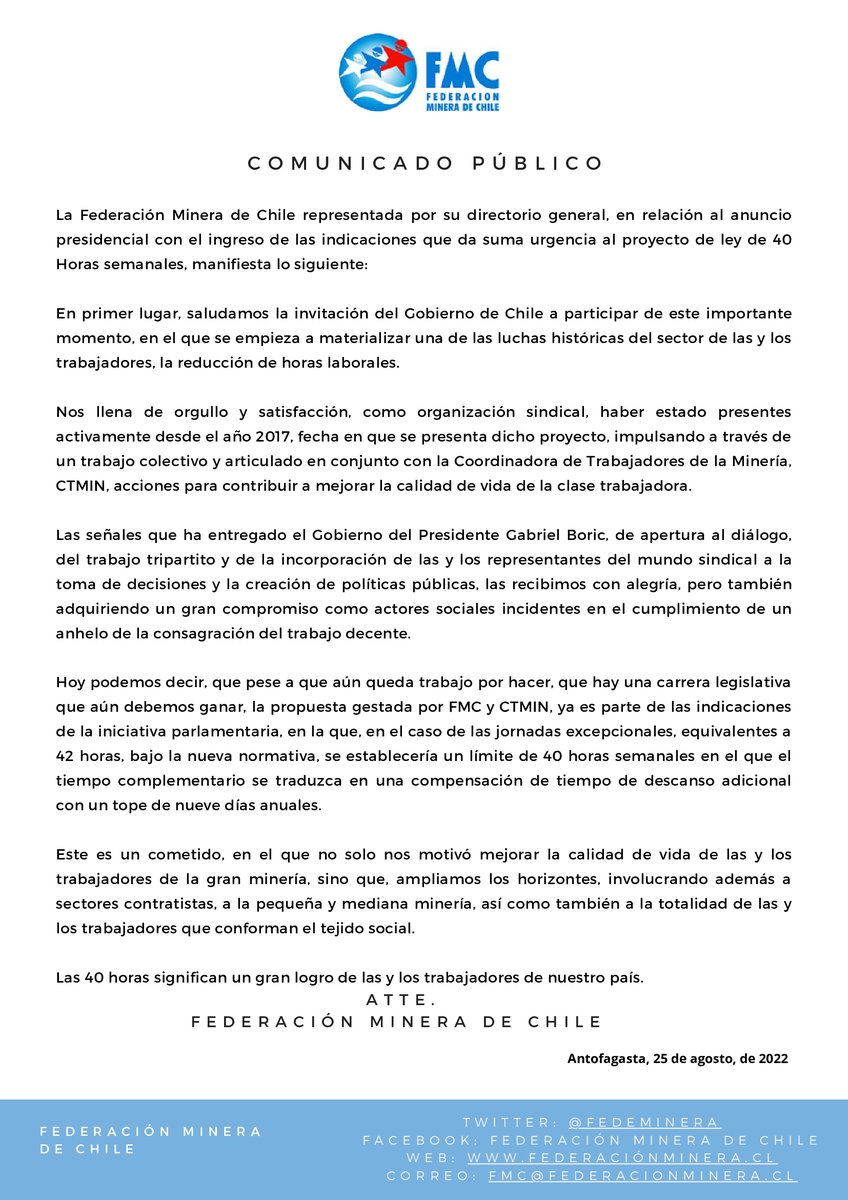 #40Horas Comunicado Público <a href="/fedeminerachile/">Federación Minera</a> por Anuncio Presidencial en la que se presentaron indicaciones al proyecto de ley 40 Horas y su tramitación con suma urgencia. @gabrielboric  <a href="/MintrabChile/">Trabajo y Previsión Social</a> <a href="/jeannette_jara/">Jeannette Jara Román</a> <a href="/camila_vallejo/">Camila Vallejo Dowling</a> <a href="/FelipeRomanBri1/">Felipe Román Briones.</a>