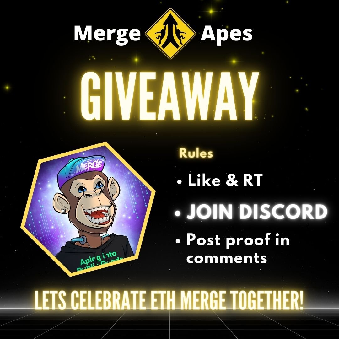 🔥MergeApes #NFTGiveaway🔥

I’ve Partnered up with <a href="/MergeApes/">Merge Apes | 100% MINTED</a> and we are giving away 10 WL🎉🎉

To Enter: 
1️⃣ Like &amp; RT
2️⃣ Follow <a href="/MergeApes/">Merge Apes | 100% MINTED</a>
3️⃣ Join their discord discord.gg/MzY4qUE3Qk
4️⃣ Tag 2 friends 

Good luck!
#NFTs #NFT #NFTCommunity